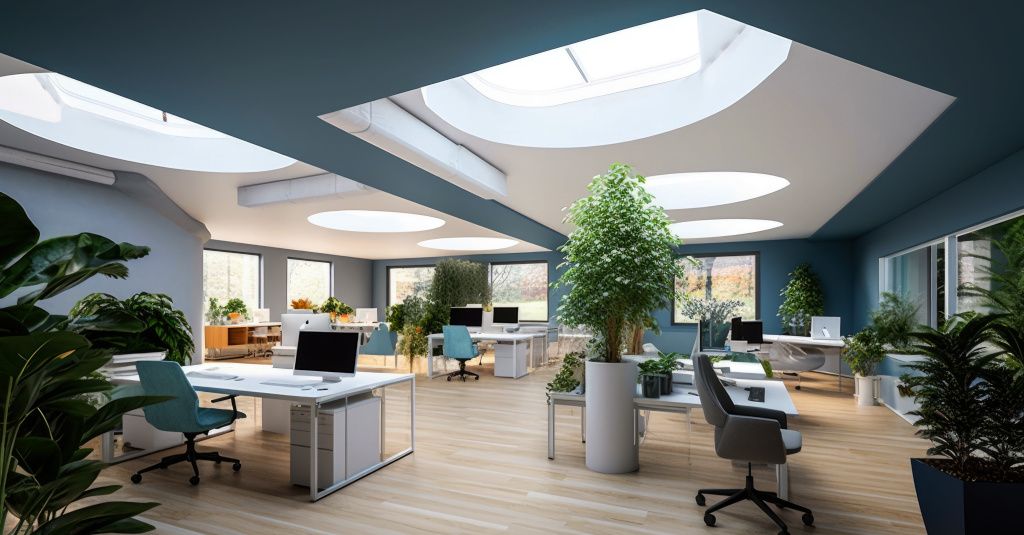 Glass skylights shining natural light throughout office space