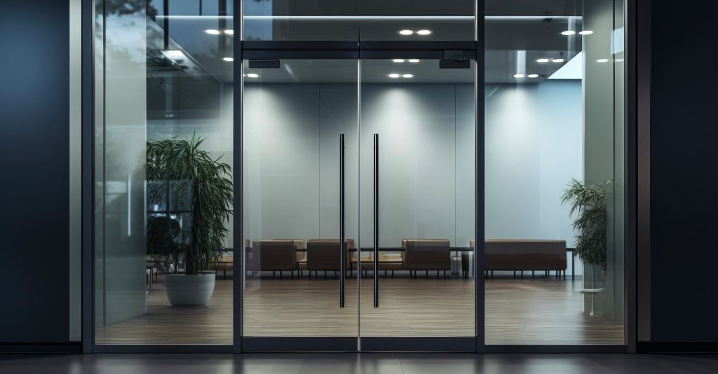 Glass doors leading into office